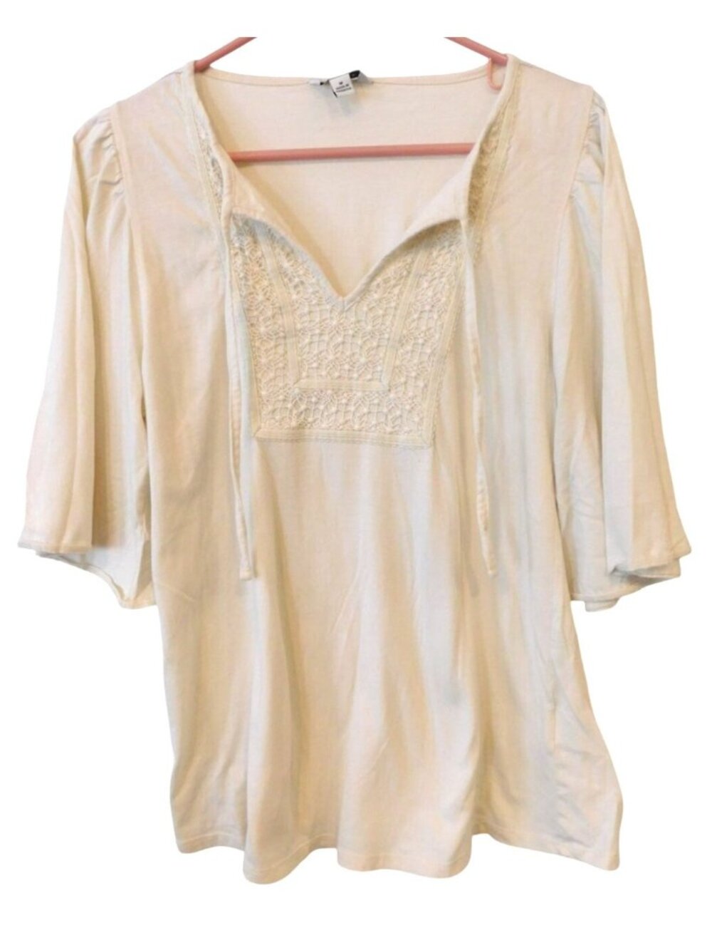 Banana Republic Blouse Sz M Cream Lacy Detail Tie Neck Boho Peasant Top Flowy